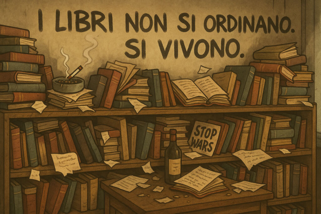 Una libreria disordinata, traboccante di libri aperti, accatastati senza logica apparente. Tra i volumi si vedono ceneri di sigarette, una bottiglia di vino, biglietti di protesta e fogli pieni di appunti arrabbiati. Sulla parete, graffiti che dicono “I libri non si ordinano. Si vivono.”