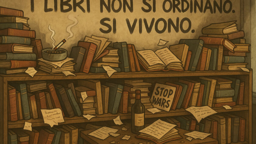 Una libreria disordinata, traboccante di libri aperti, accatastati senza logica apparente. Tra i volumi si vedono ceneri di sigarette, una bottiglia di vino, biglietti di protesta e fogli pieni di appunti arrabbiati. Sulla parete, graffiti che dicono “I libri non si ordinano. Si vivono.”