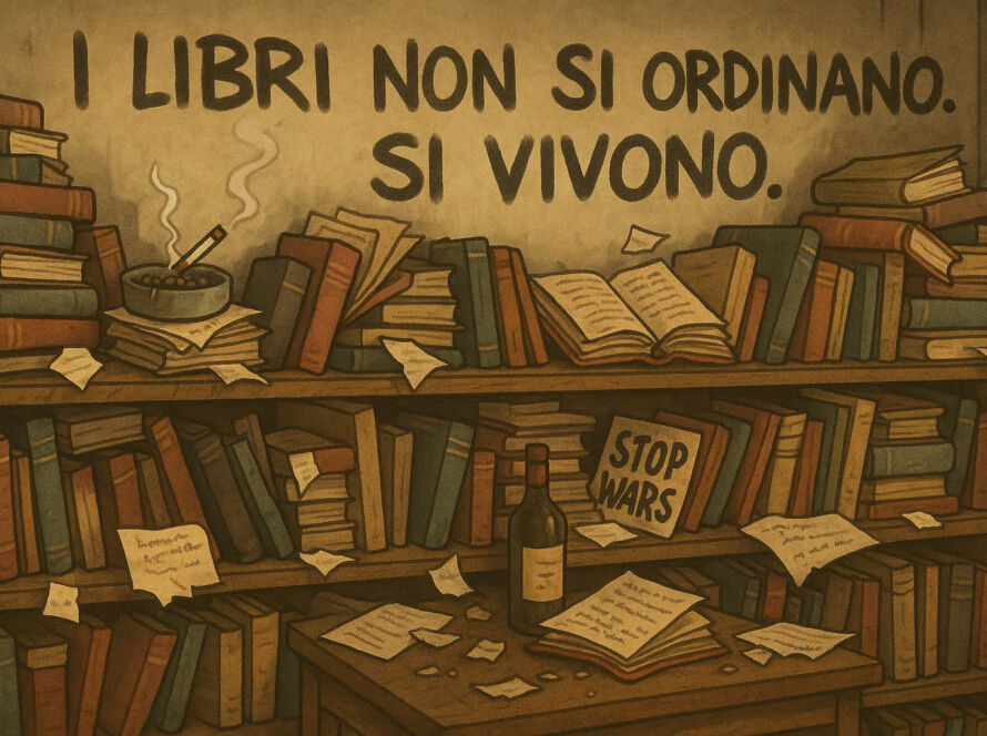 Una libreria disordinata, traboccante di libri aperti, accatastati senza logica apparente. Tra i volumi si vedono ceneri di sigarette, una bottiglia di vino, biglietti di protesta e fogli pieni di appunti arrabbiati. Sulla parete, graffiti che dicono “I libri non si ordinano. Si vivono.”