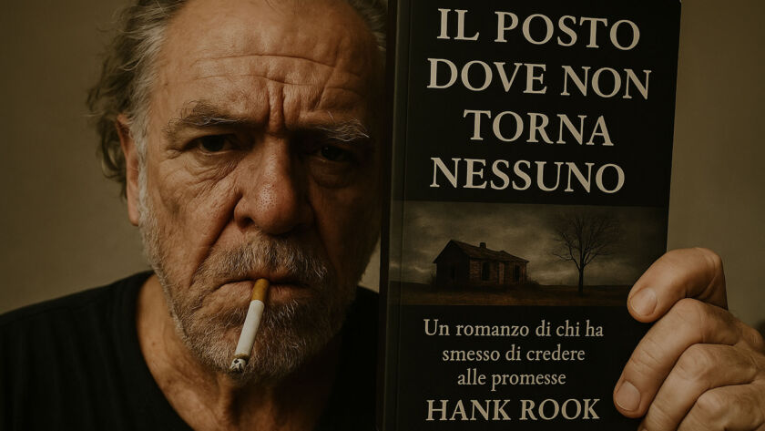 Un uomo anziano, dal volto stanco e segnato dalle rughe, tiene in mano un libro coprendo metà del suo volto. In bocca ha una sigaretta accesa. Il libro si intitola "Il posto dove non torna nessuno" di Hank Rook. La copertina mostra una casa isolata sotto un cielo scuro con un albero spoglio, accompagnata dalla frase: "Un romanzo di chi ha smesso di credere alle promesse