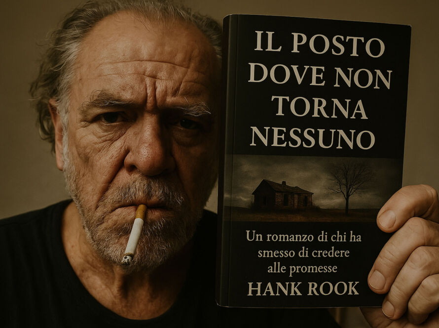 Un uomo anziano, dal volto stanco e segnato dalle rughe, tiene in mano un libro coprendo metà del suo volto. In bocca ha una sigaretta accesa. Il libro si intitola "Il posto dove non torna nessuno" di Hank Rook. La copertina mostra una casa isolata sotto un cielo scuro con un albero spoglio, accompagnata dalla frase: "Un romanzo di chi ha smesso di credere alle promesse