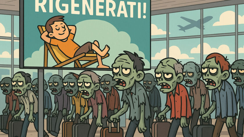 Un gruppo di persone con aspetto da zombie cammina trascinando valigie in un aeroporto, mentre sopra di loro campeggia un cartellone pubblicitario con un uomo sorridente e rilassato su una sdraio, accompagnato dalla scritta "RIGENERATI!". Un aereo si vede fuori dalla finestra sullo sfondo.