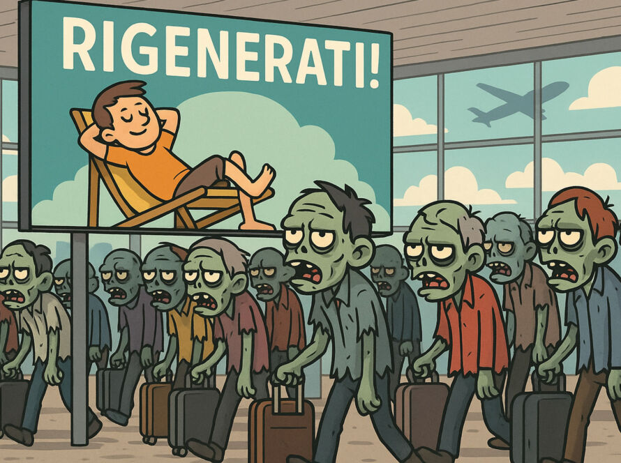 Un gruppo di persone con aspetto da zombie cammina trascinando valigie in un aeroporto, mentre sopra di loro campeggia un cartellone pubblicitario con un uomo sorridente e rilassato su una sdraio, accompagnato dalla scritta "RIGENERATI!". Un aereo si vede fuori dalla finestra sullo sfondo.