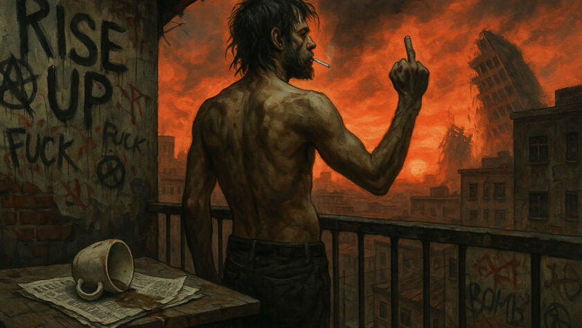 Uomo trasandato e a torso nudo su un balcone, con sigaretta e dito medio alzato verso l’alba rossa, tra graffiti di protesta e palazzi che crollano