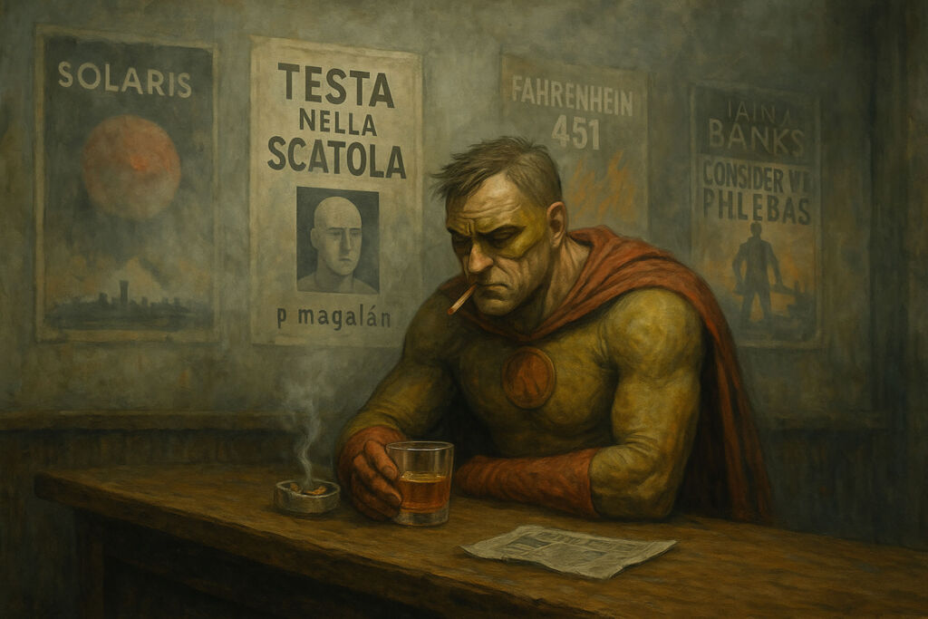 Supereroe stanco con mantello rosso, seduto in un bar con bicchiere di whisky e sigaretta, circondato da fumo e poster di fantascienza
