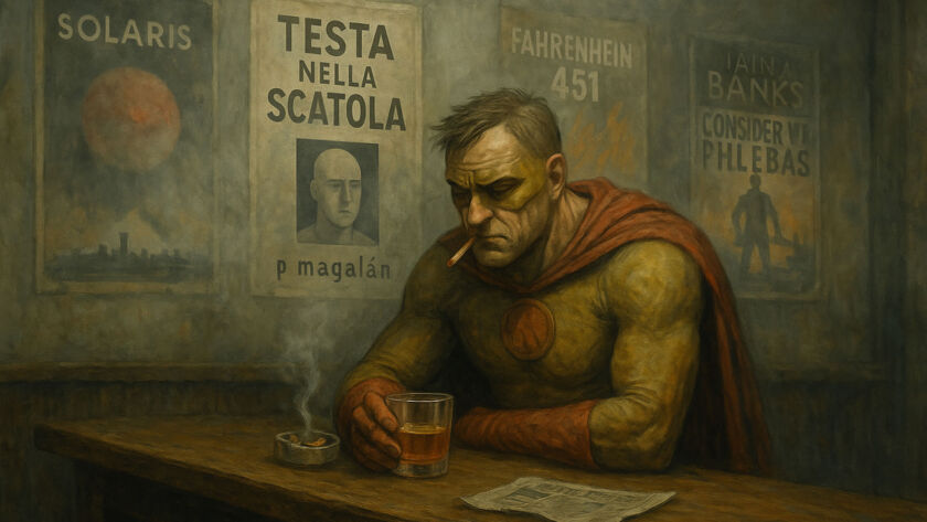 Supereroe stanco con mantello rosso, seduto in un bar con bicchiere di whisky e sigaretta, circondato da fumo e poster di fantascienza