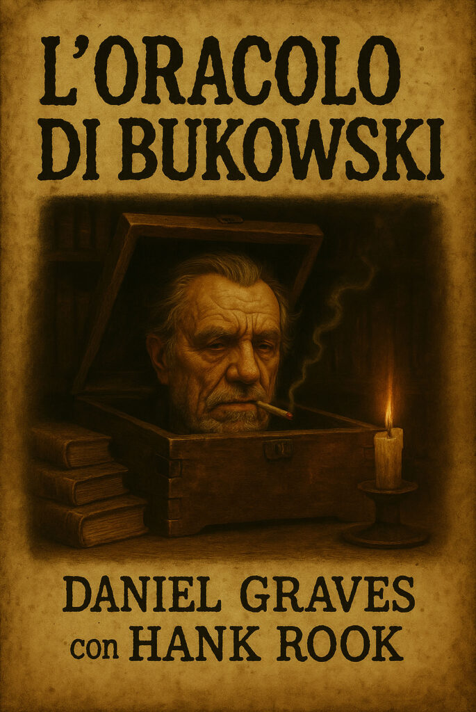 Testa di un uomo anziano, somigliante a Charles Bukowski, che emerge da una scatola di legno con un'espressione cupa e una sigaretta in bocca, illuminato da una candela tremolante. Sullo sfondo, vecchi libri e fumo, in uno stile pittorico scuro e consumato.