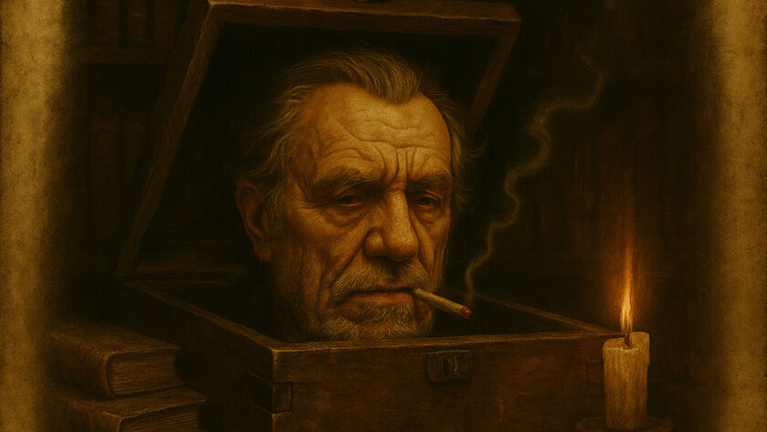Testa di un uomo anziano, somigliante a Charles Bukowski, che emerge da una scatola di legno con un'espressione cupa e una sigaretta in bocca, illuminato da una candela tremolante. Sullo sfondo, vecchi libri e fumo, in uno stile pittorico scuro e consumato.