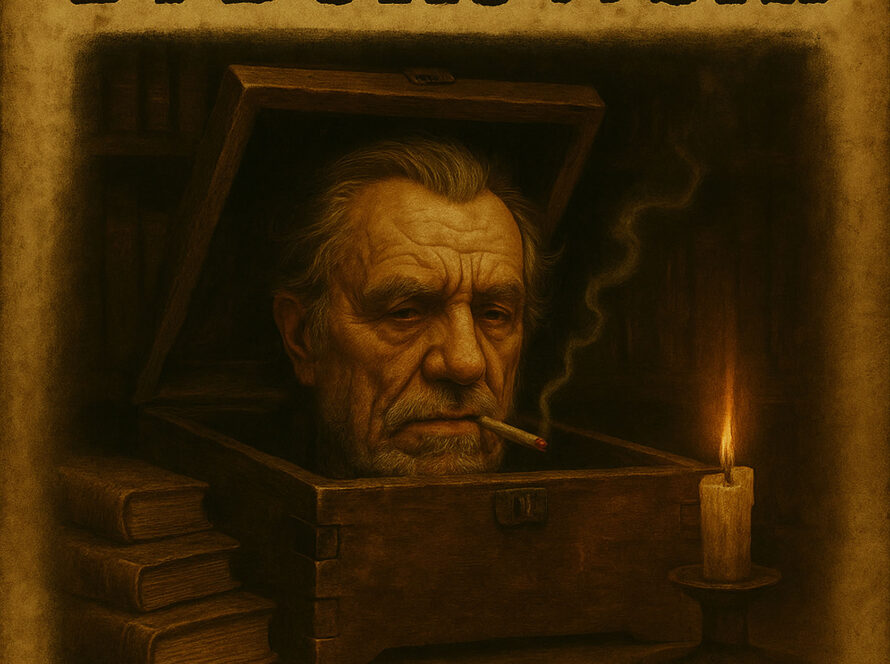 Testa di un uomo anziano, somigliante a Charles Bukowski, che emerge da una scatola di legno con un'espressione cupa e una sigaretta in bocca, illuminato da una candela tremolante. Sullo sfondo, vecchi libri e fumo, in uno stile pittorico scuro e consumato.