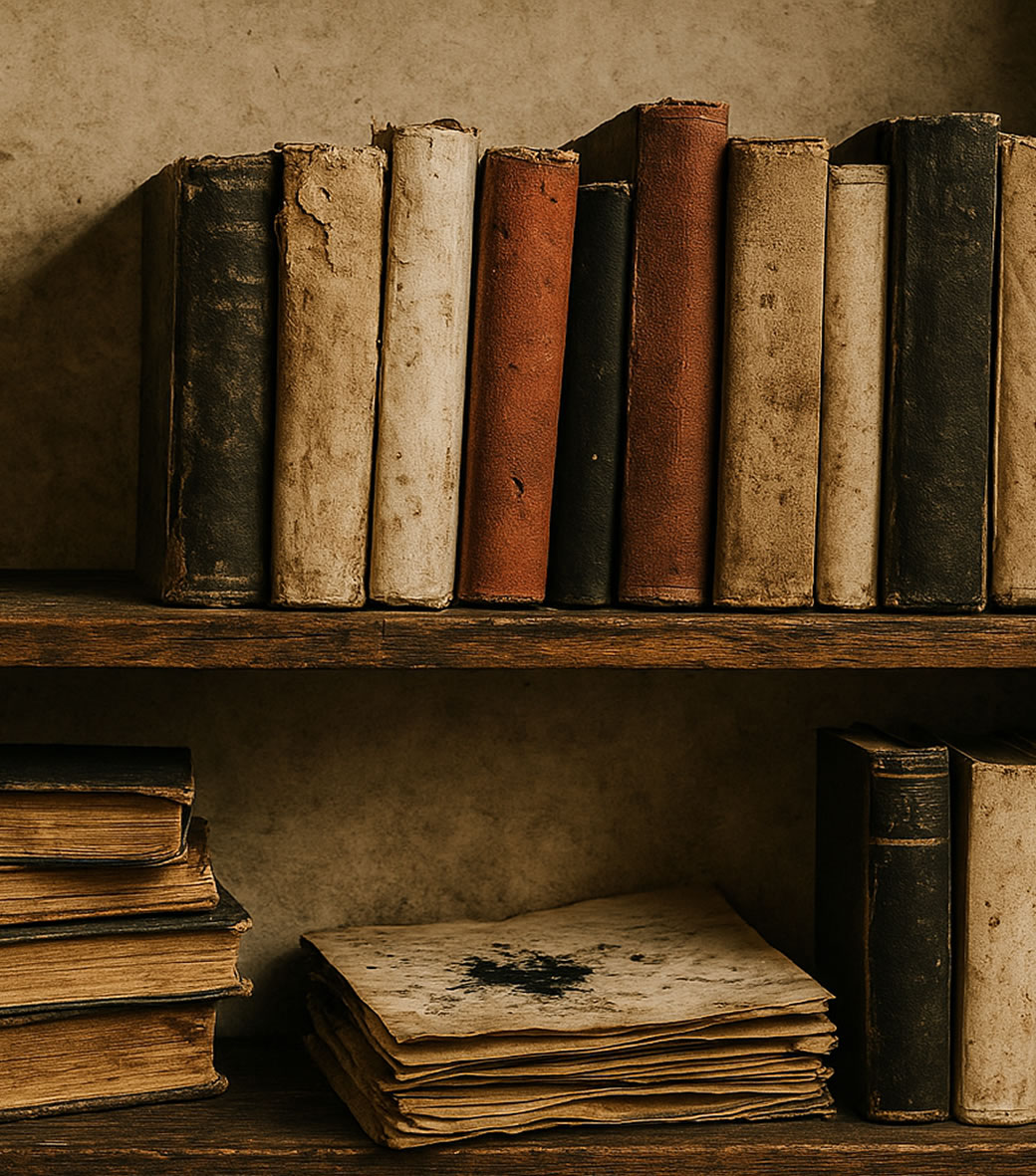 Scaffale in legno scuro con libri vecchi, logori e impolverati, accatastati in modo disordinato. Alcuni volumi hanno la copertina danneggiata, altri sono ammucchiati sopra fogli ingialliti macchiati d’inchiostro.