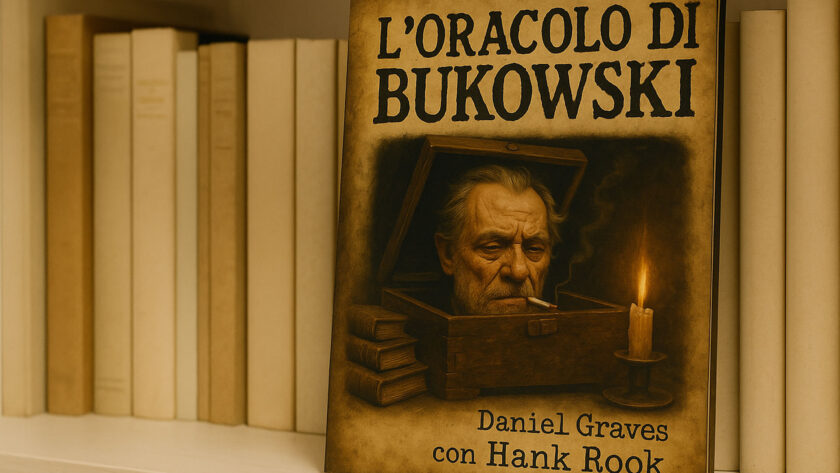 Copertina del libro "L’oracolo di Bukowski" appoggiata su uno scaffale di biblioteca con libri chiari e ordinati sullo sfondo. Il libro ha un’illustrazione intensa con la testa di un uomo anziano, simile a Bukowski, che emerge da una scatola di legno accanto a una candela accesa.