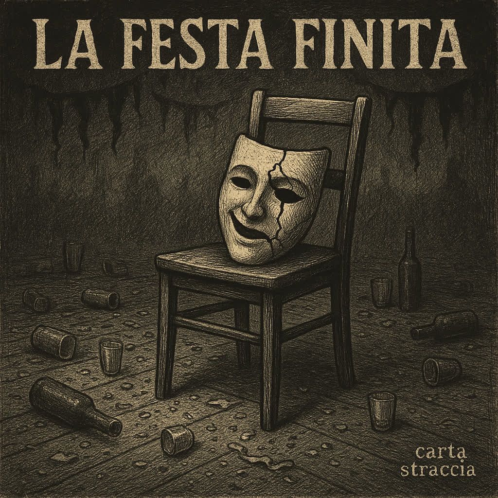 La festa finita: una maschera crepata su una sedia in una stanza sporca, bicchieri rovesciati a terra.